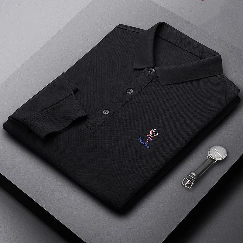 Męska wysoką gradę haft haftowa z długim rękawem T-shirt Męski wiosna i jesień koreańska wersja Top Fashion Casual Polo Shirt Men 230228