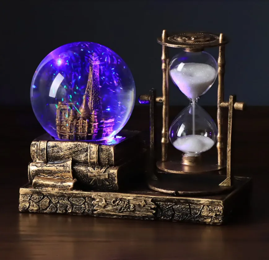 Decorative Objects Figurines Retro Crystal Ball Hourglass Timer Wine Cabinet Living Room Table Top Tower with Lights Music Decoration for Desk Gift 230228