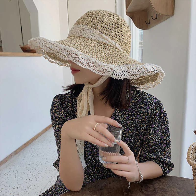 Wide Brim Hats OMEA Summer Straw Hat Lace Beach Hats Women Korean Windproof Rope Travel Wide Brim Sun Hat Elegant Lolita Bucket Hat Holiday G230227