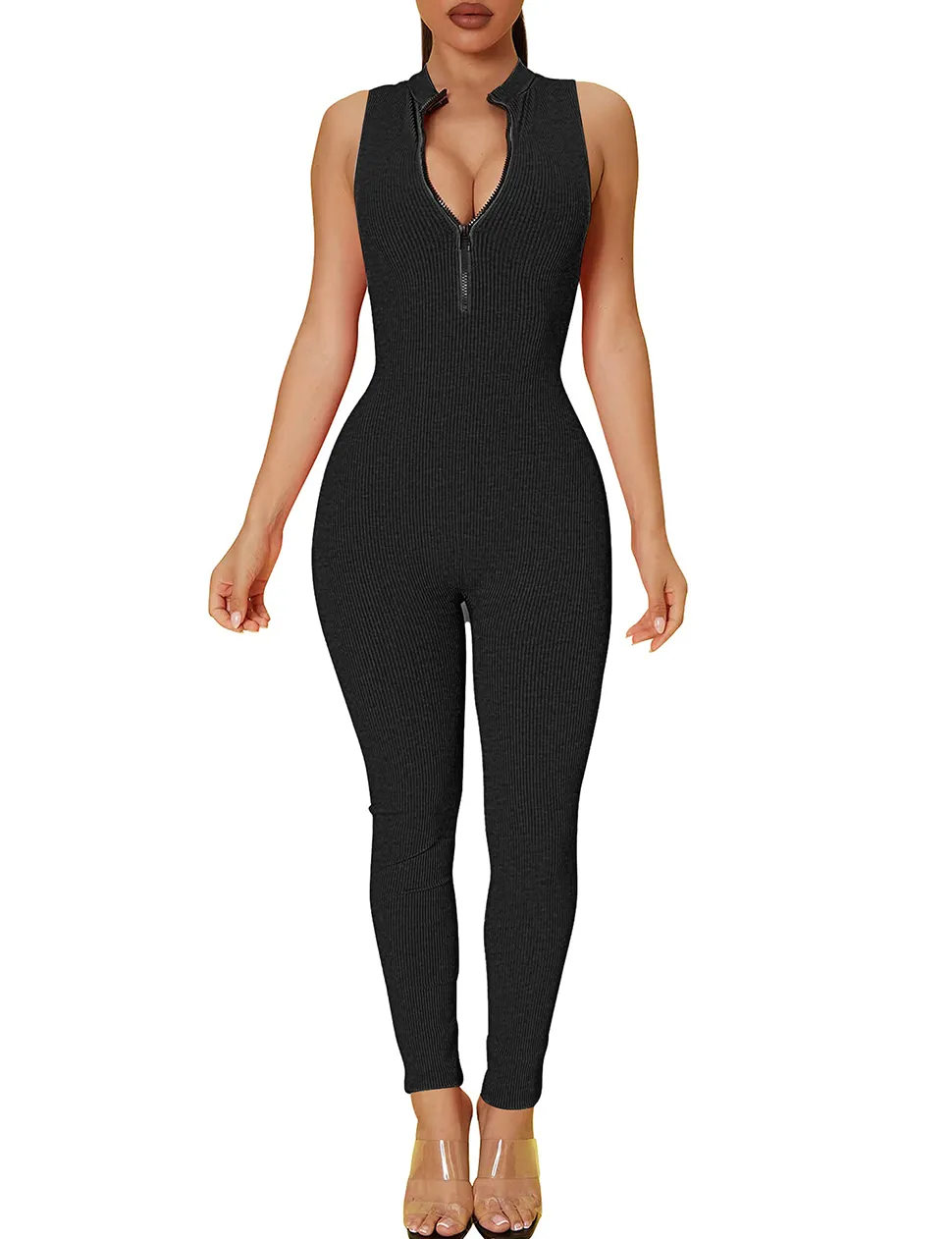 Women One Piece Jumpsuit Clubwear Outfits Sexy Sleeveless V Neck Ribbed Knitted Zipper Bodycon Casual Rompers