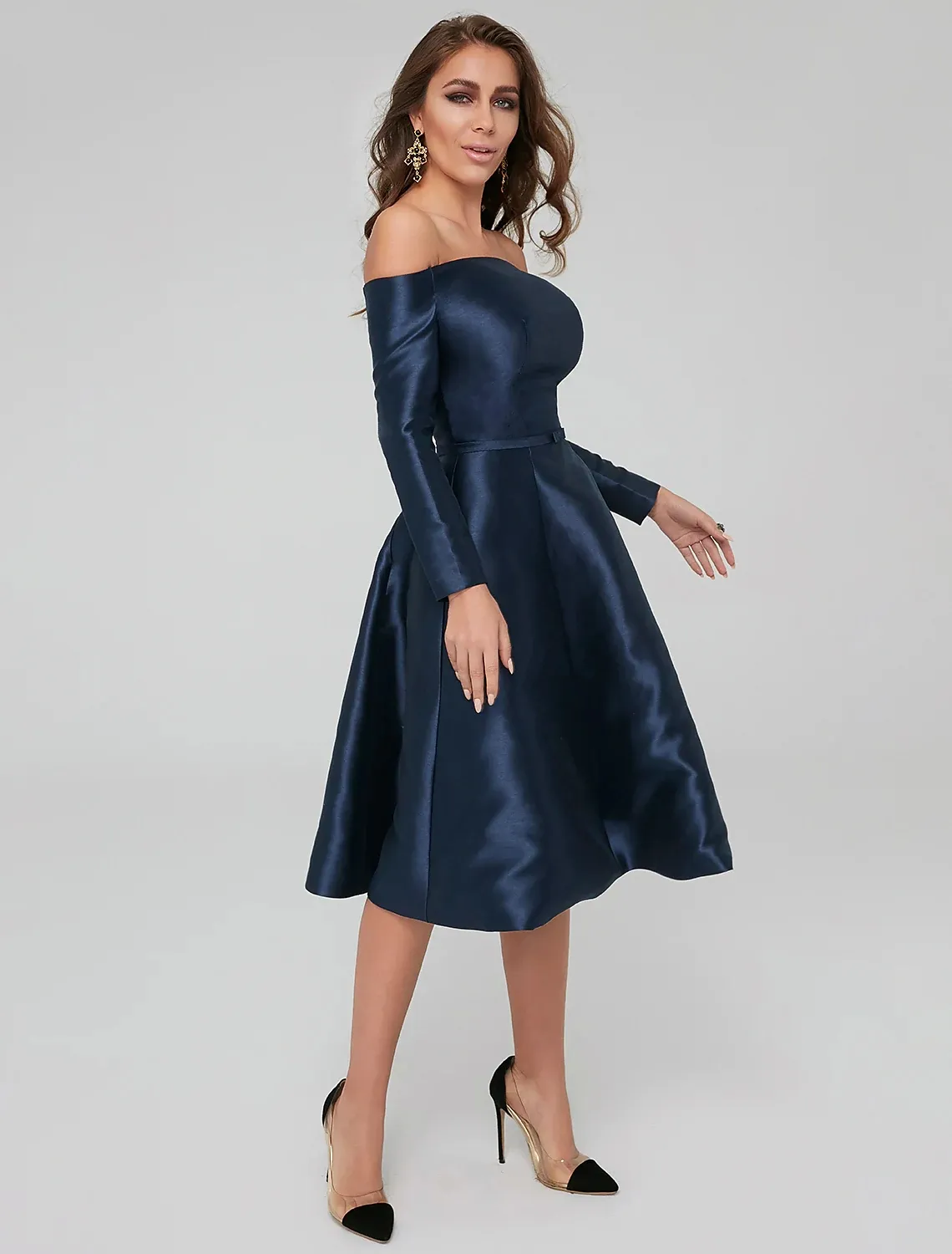 Navy Blue Short Prom Dress Knee Length Long Sleeve Off Shoulder Satin Formal Party Cocktail Gowns Robe Soiree Vestidos De Fiesta 2023