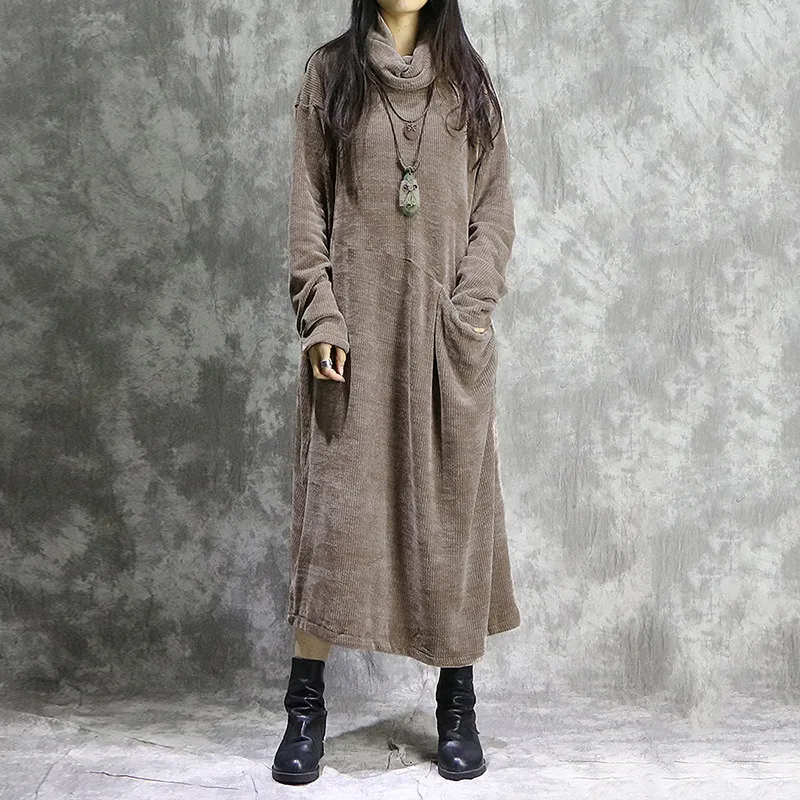 Casual Dresses Zanzea Women Turtleneck långärmad corduroy klänning Autumn Vintage Solid Long Sundress Baggy Vestido Kaftan Dresses 230227