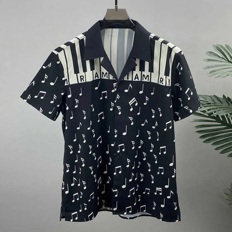 Men's Casual Shirts High Quality Piano Note Pattern Shirt For Men Short Sleeve Casual Shirt Social Streetwear Business Dress Shirt Black And White Z0224