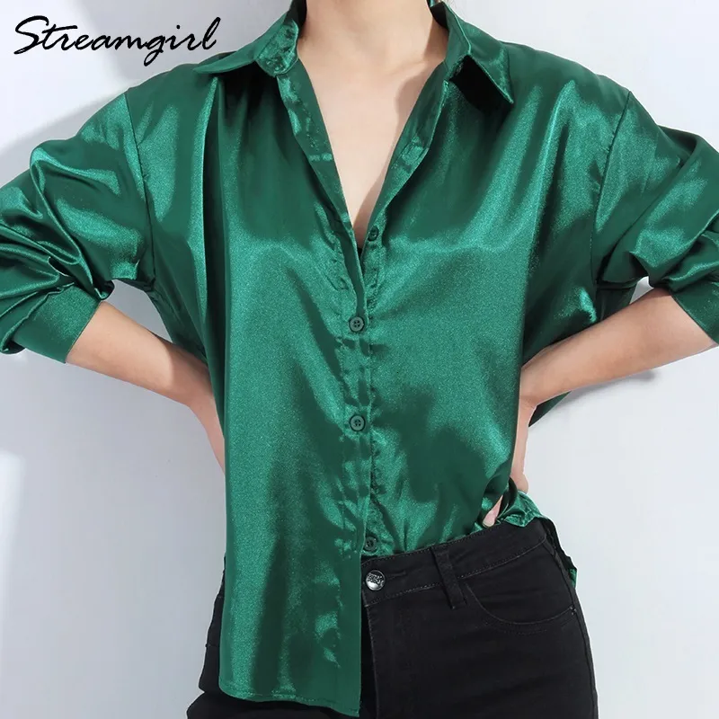 Blouses voor dames shirts satijnen shirt dames groene lange mouw top vrouwelijke dames elegante blouse kantoor draag vrouwen witte imitatie zijden shirt vrouw 230228