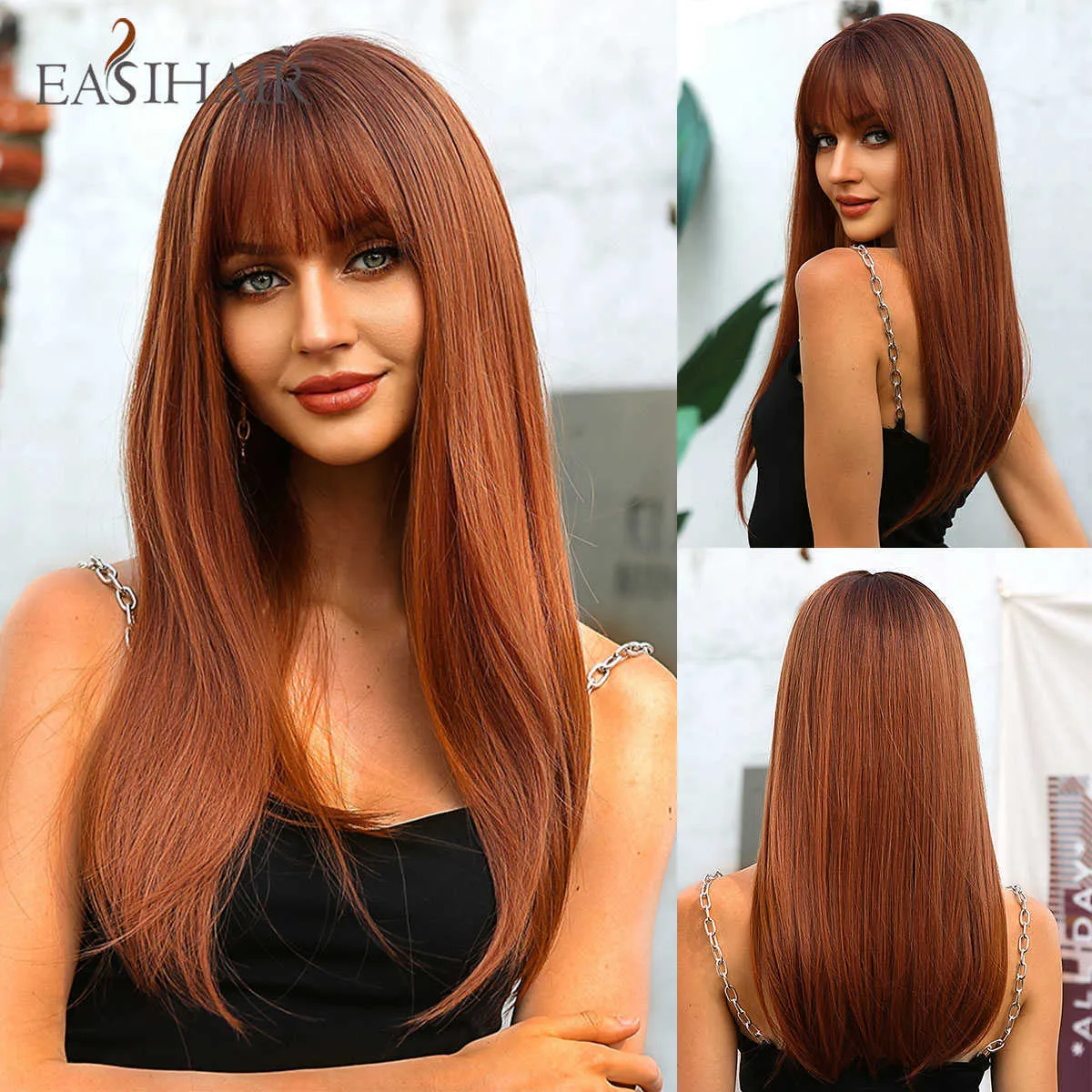 Brown Red Ombre Synthetic Wigs With Bangs Long Straight Natural Heat Resistant Daily Cosplay Wigs For Women From Siliconevibrators 21.52 DHgate.Com