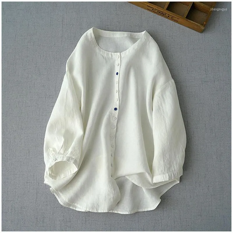 Kvinnor Bluses Japan Style Spring Women Blus Basic Tops O-Neck Single Breasted Loose Cotton Linen Shirt All Match Clothes 2023 I926