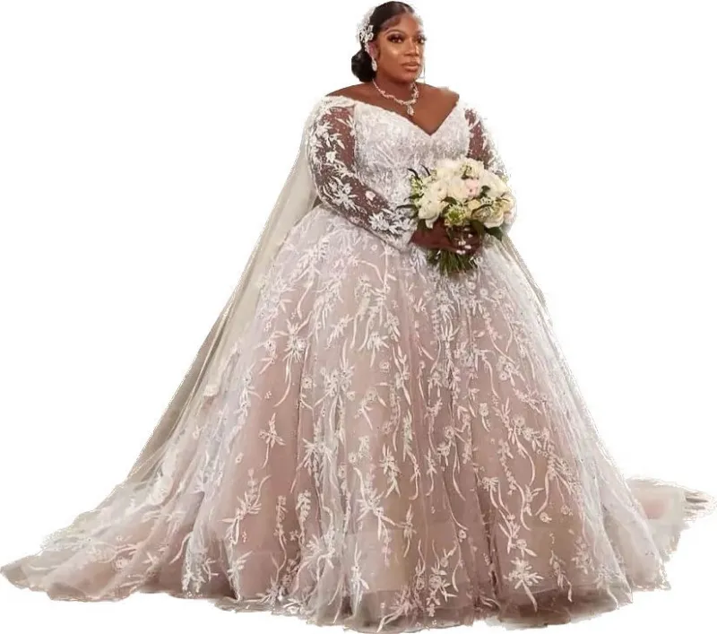 2023 Plus Size Wedding Dresses Long Sleeves Bridal Gown V Neck