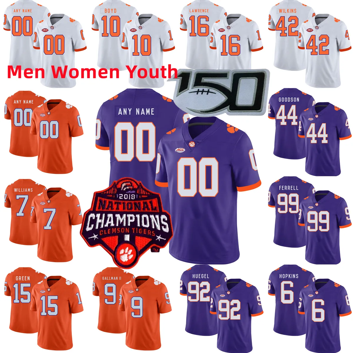 Özel S-6XL NCAA Koleji Clemson Tigers Futbol Forması 10 Jeadyn Lukus 16 Myles Oliver 27 Carson Donnelly 18 Kylon Griffin 37 Jacob