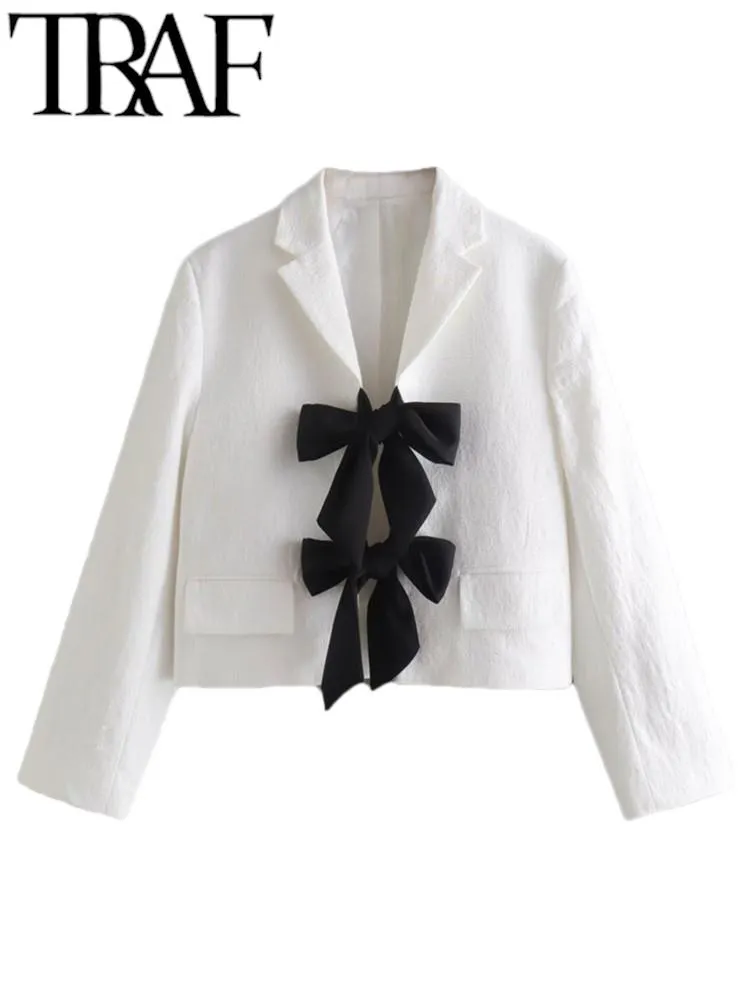 Elegant White Blazer: Chic Women's Crop Jacket with Bow Shop Now  for Autumn Style!