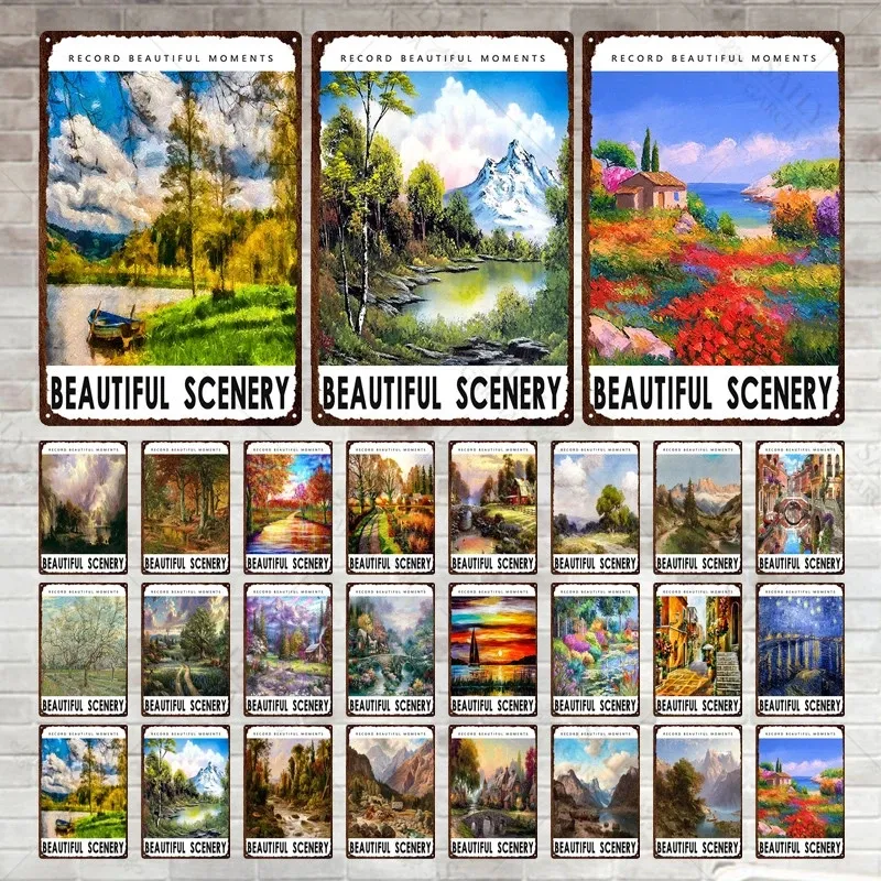 Schoonheid waterverf landschap metaal schilderen reisdecor mountaion leer landschap tin bord posters retro bord man cave plaques 30x20cm w03