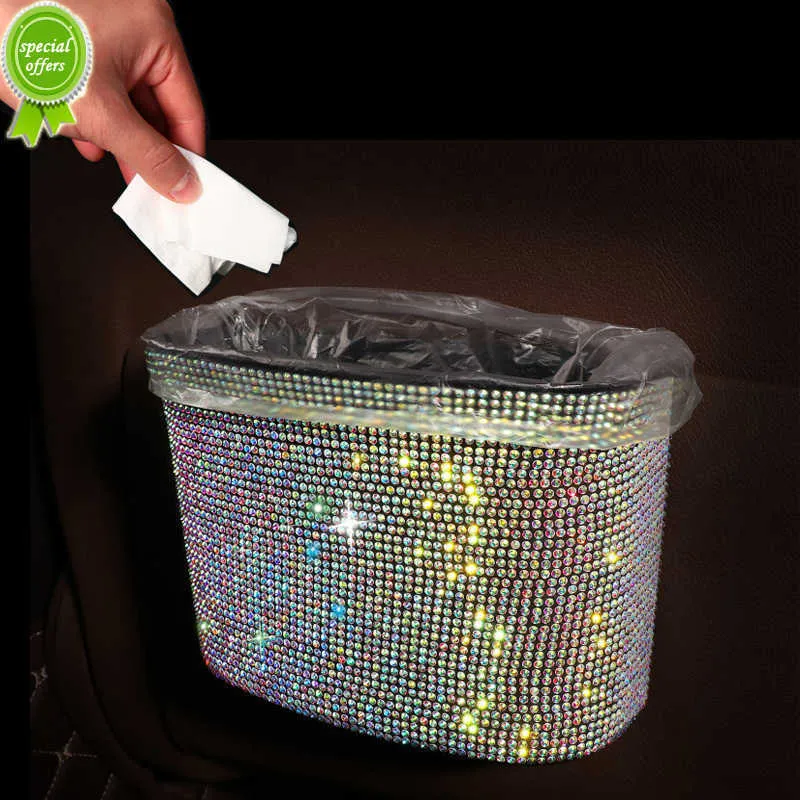 New Diamond Car Garbage Bin Hanging Trash Can Storage Box Styling for Front Seat Back Holder Bling Crystal Accessori per interni auto