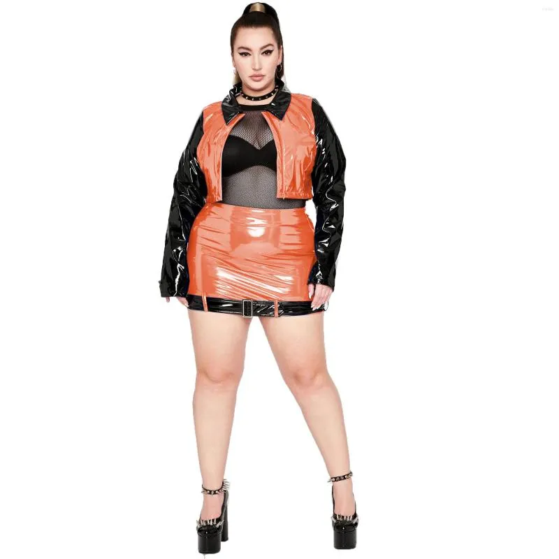 Plus Size Punk Dress Set: Vinyl Leather Look Jacket, Mini