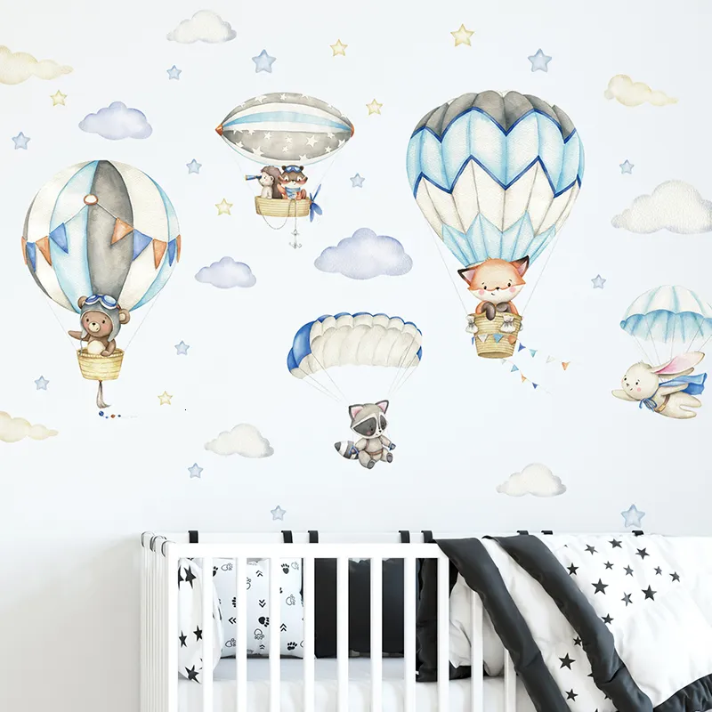 Väggklistermärken akvarell djur luftballongmoln blå färg för barn rum baby barnkammare dekaler pojke 230531