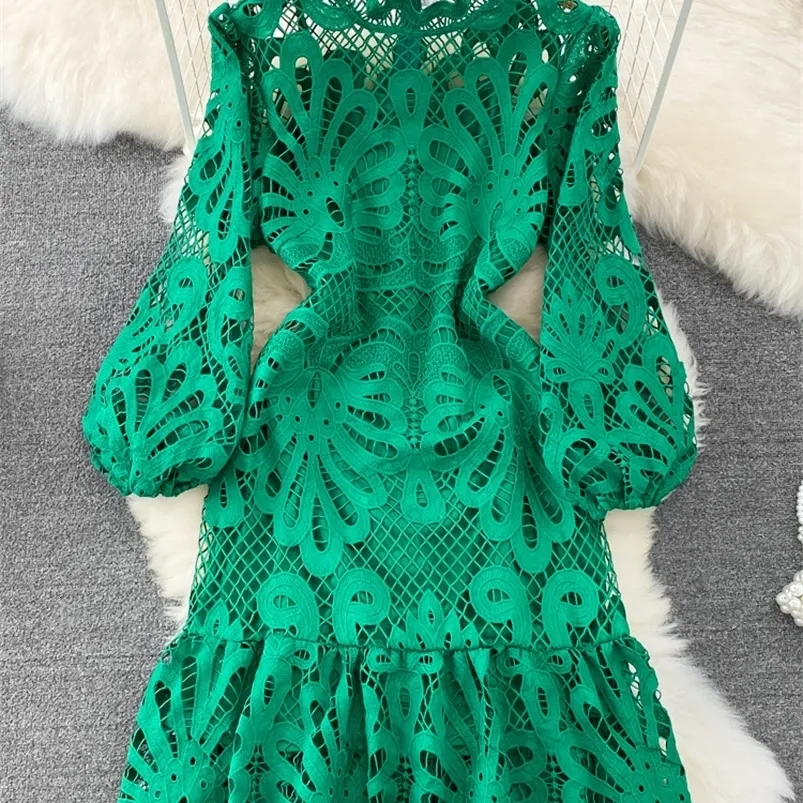 Basic Casual Dresses Vintage Hollow Out Lace Floral Embroidery Dress for Women Spring Stand Collar Puff Sleeve High Waist Mermaid Short 230531