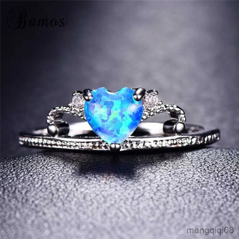 Band Rings Bamos Female Blue Heart Ring Princess For Women White Gold Filled Statement Jewelry Promise Wedding