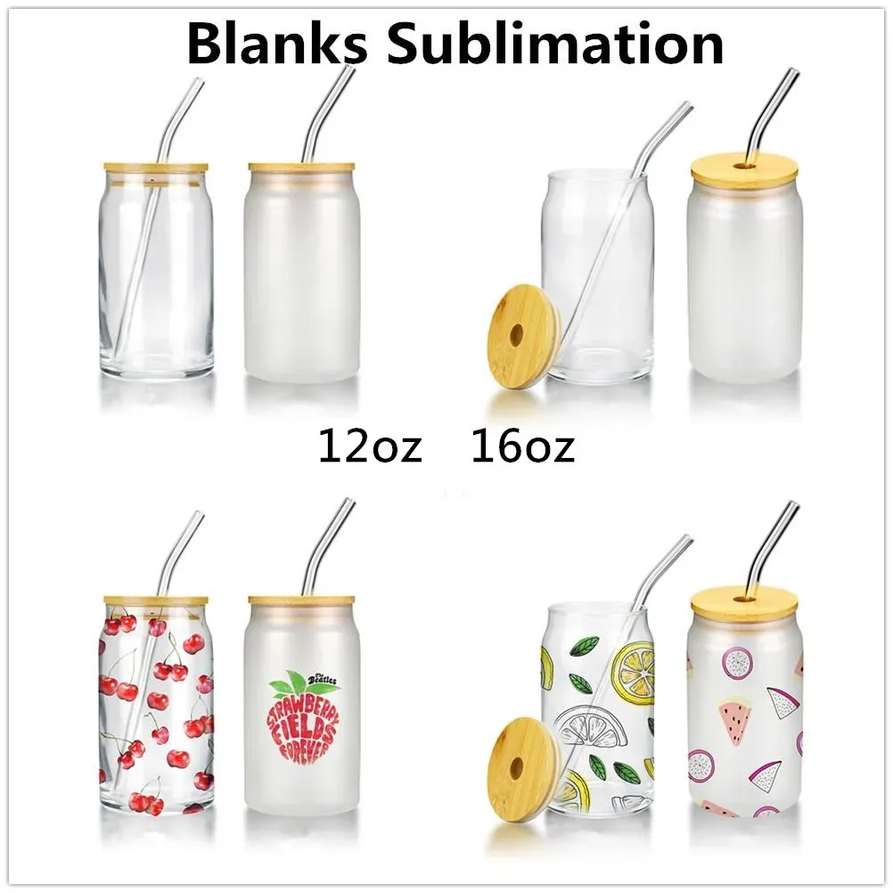 12oz 16oz Sublimation Glass Beer Mugs with Bamboo Lid Straw DIY Frosted Clear Drinking Utensil Coffee Wine Milk Beer Cola Juice Cold Drinkware Handmade Can