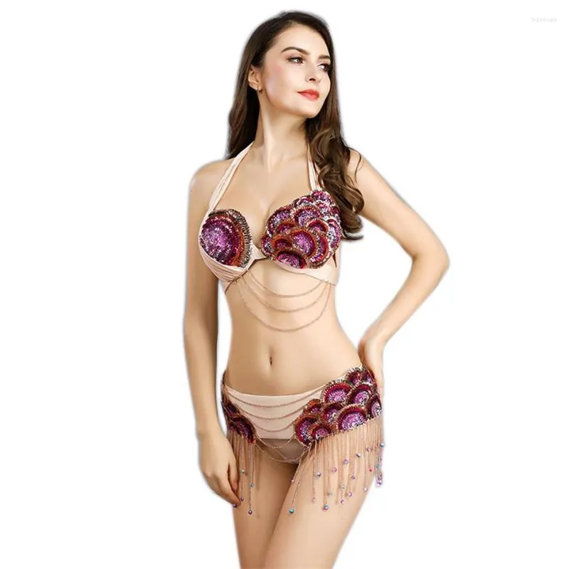 Costume da danza del ventre di lusso da donna Costume da danza del ventre orientale Costumi egiziani 2 pezzi / set Cintura reggiseno da ballo 34/75B 36/80B 36/85B