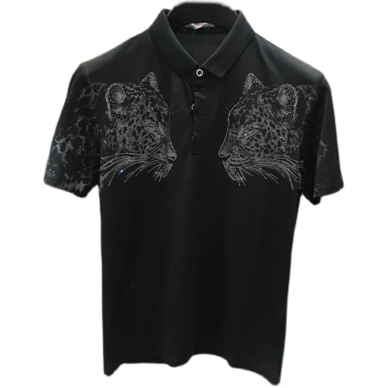 Mens T Shirt Tasarımcı Polos Avrupa ve Amerika İnce Leopar Rhinestone Kavacı Kısa Kol Polo Gömlek