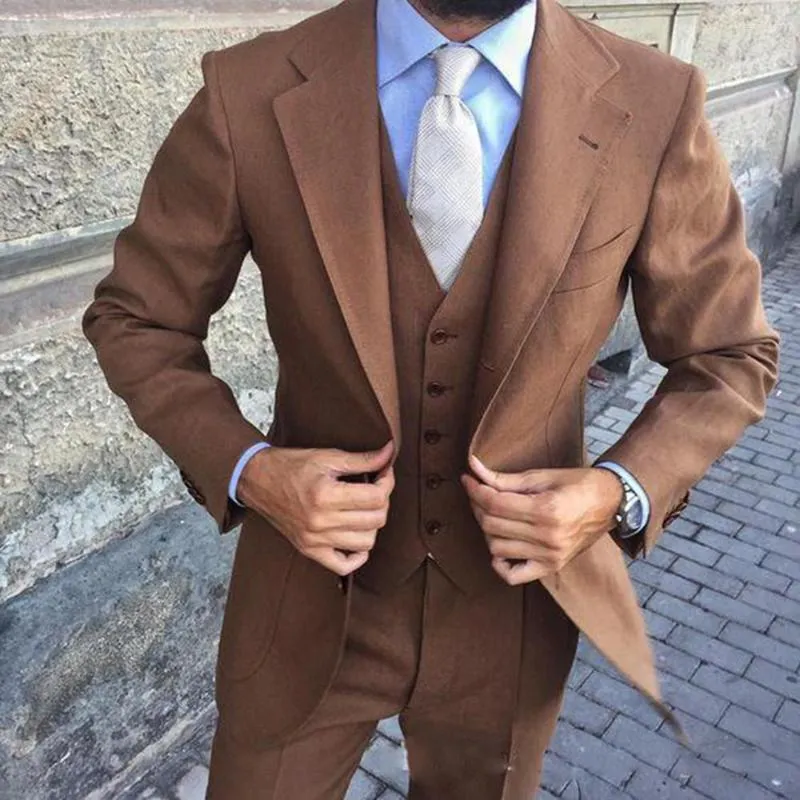 Men's Suits Latest Design Man Work Suit Groom Tuxedos Brown Notch Lapel Men's Business Wedding Dress Sets (Jacket Pants Vest)