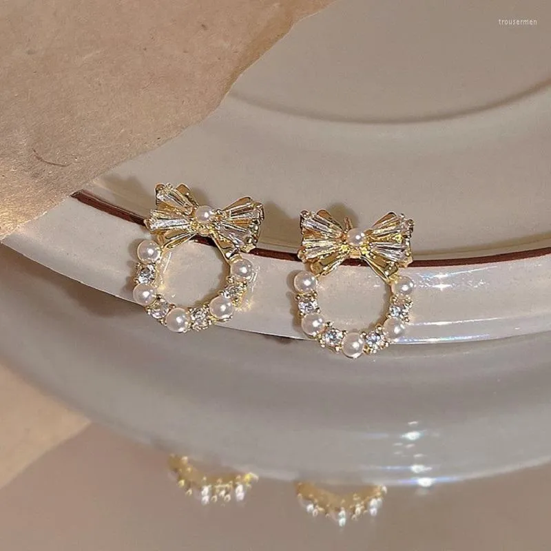 Orecchini a bottone Lovelink dolce fiocco di strass carino per le donne orecchino di perla bianca simulato barocco accessorio di moda per ragazze