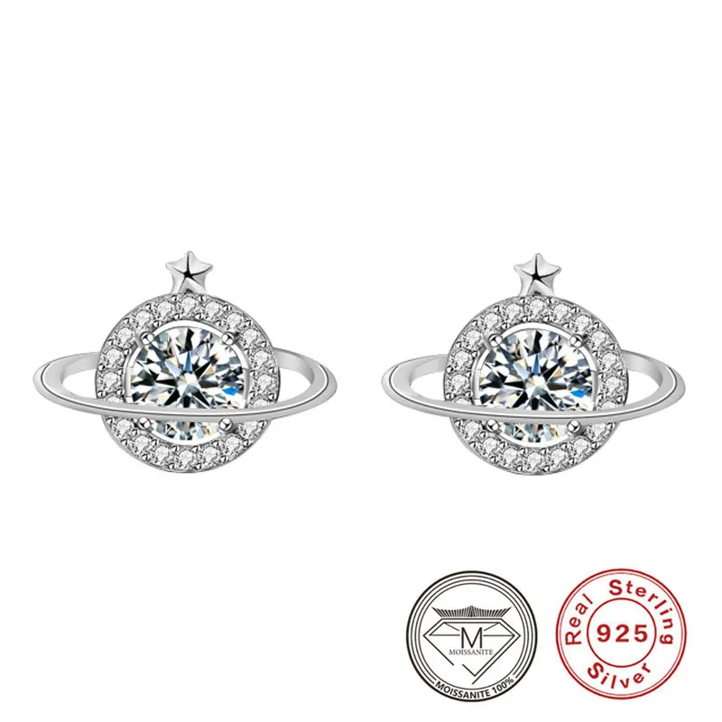 100% REAL 925 STERTLING Silver Moissanite Planet Stud Earings For Mother Women Teacher Day Gift Luxury Lab Diamond Earring Jewelry