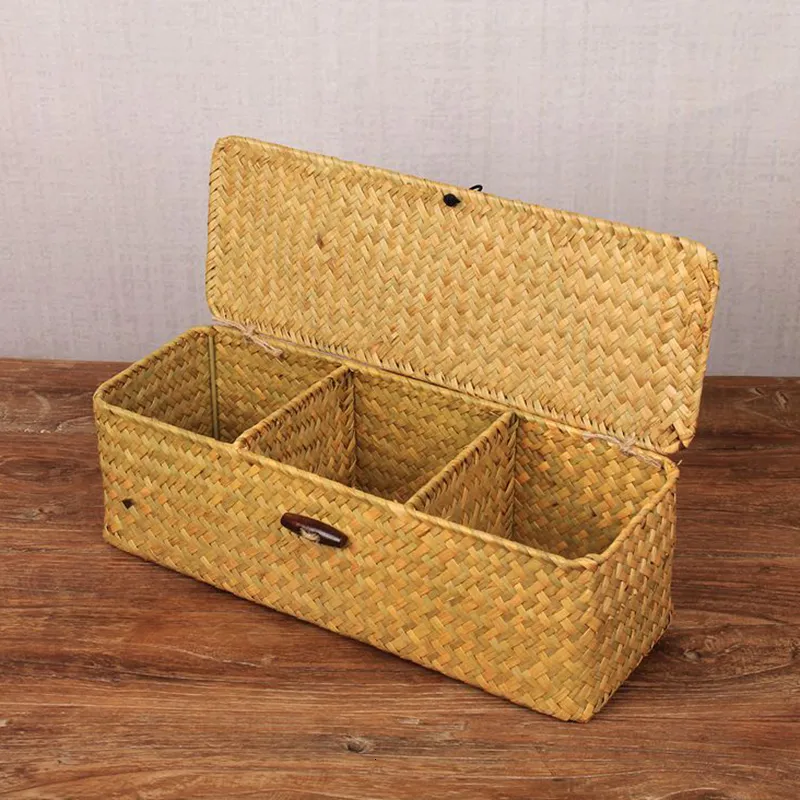 Storage Baskets Handwoven storage basket with lid dustproof clothing basket storage box rectangular wardrobe container Sundries organizer 3 grids 230531