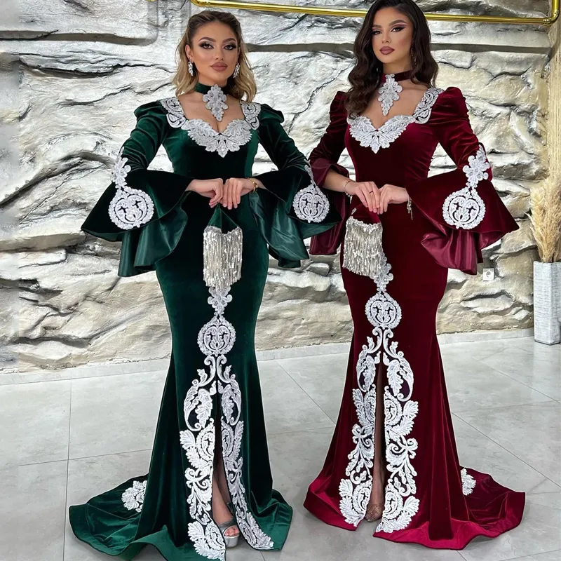 Sjöjungfrun marockansk kaftan aftonklänningar vinröd jägare grön sammet dubai saudi arabisk saga långärmad applikationer prom klänning