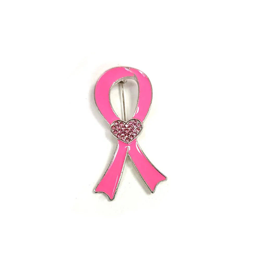 Silver Tone Rhinestone Crystal Pink Enamel Ribbon With Heart Brooches Breast Cancer Awareness Brooch Pins For Women