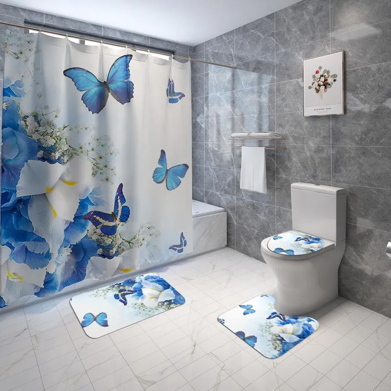 Mats Flannel Bathroom Rug Set Bath Mat and Shower Curtain Set Toilet Bathroom Shower Mats None Slip Floral Floor Mat for Bathroom