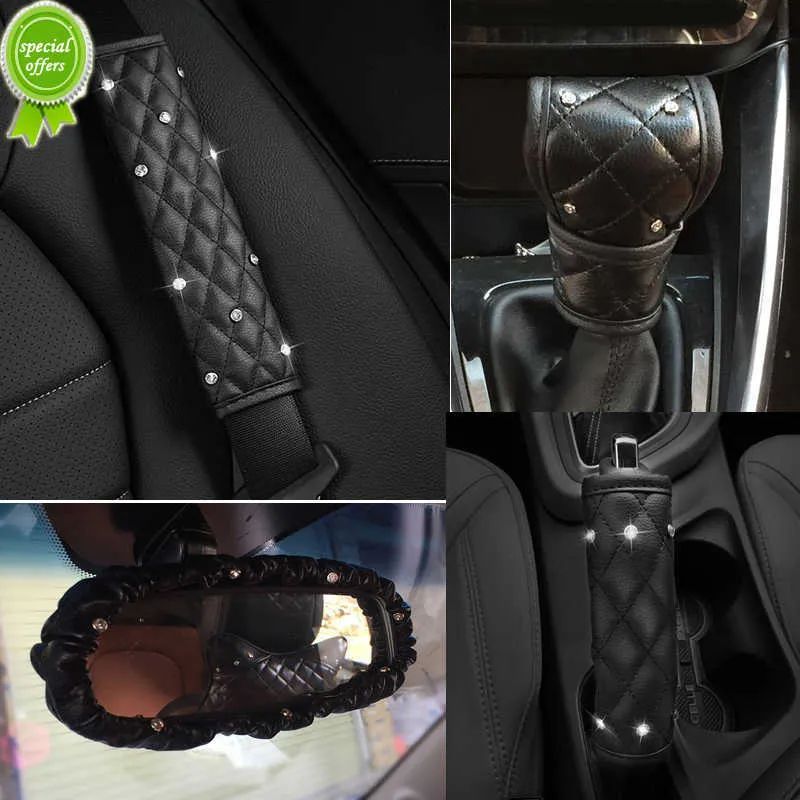 New 1pc Leather Crystal Diamond Car Gear Shifter Covers Auto Hand Brake Seat Belt Cover Rearview Mirror Cover Interior Accessories