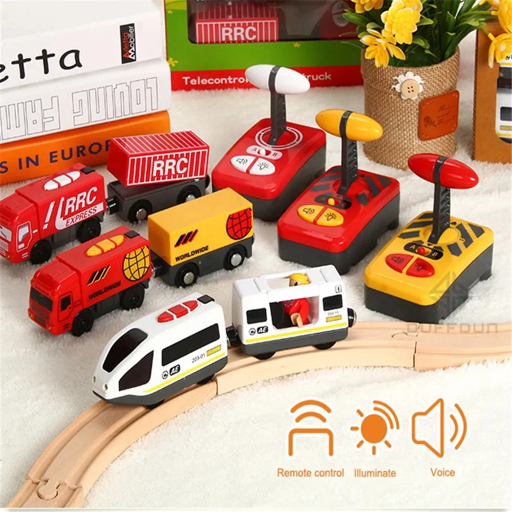 Elétrico/RC Pista Trem RC De Madeira Controle Remoto Acessórios Elétricos Carro de Trilho Magnético Pista Simulada para Crianças Retorno Força Brinquedos Modelo de Carro Conjunto 230601