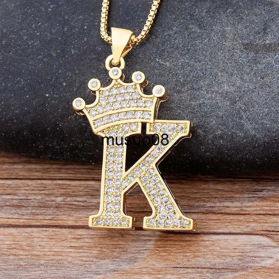 Pendant Necklaces New Design 26 Letters A-Z Zircon Crown Initial Alphabet Pendant Necklace Handsome Punk Hip-Hop Style Choker Chain Jewelry Gift J230601
