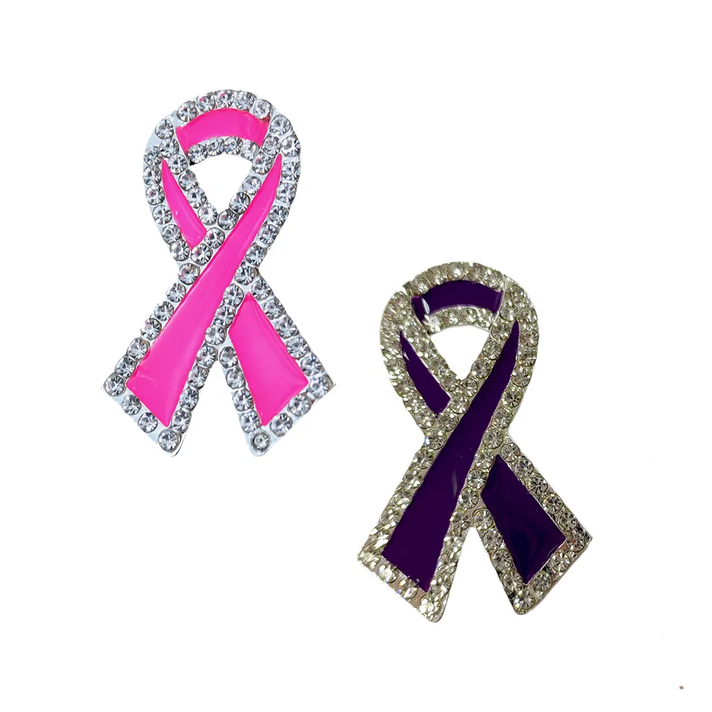 Broches de laço de fita de esmalte rosa roxo tom de prata strass pinos de broche de conscientização do câncer de mama para mulheres