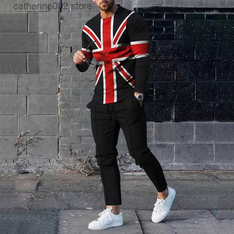 Men's Tracksuits 2023 Fashion British Style 3D Printing Union Jack Short + Shorts من قطعتين