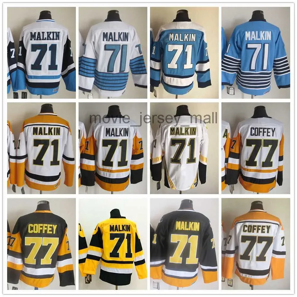 Özel Erkek Kadınlar Gençlik Pittsburgh'''''''New Retro Buz Hokey Formaları 77 Paul Coffey 71 Evgeni Malkin Jersey