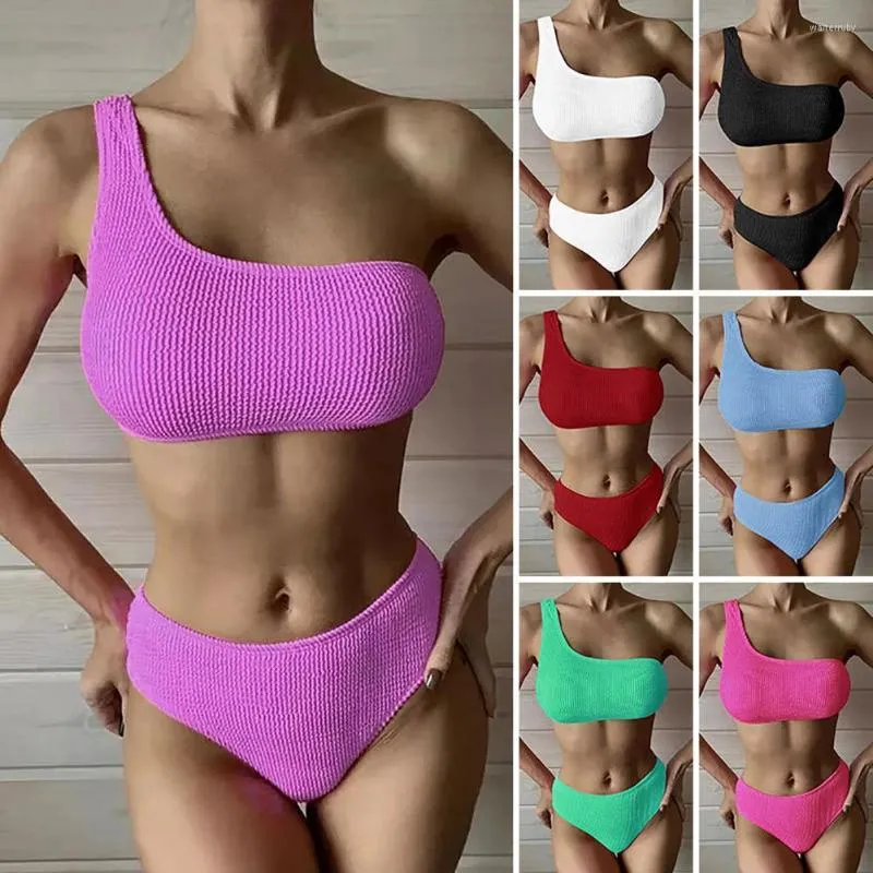 Women's Swimwear 2Pcs/Set One Shoulder Full Cup Pleated Wave Bikini Set Women Bandeau Bra High Waist Briefs Swimsuit Beachwear