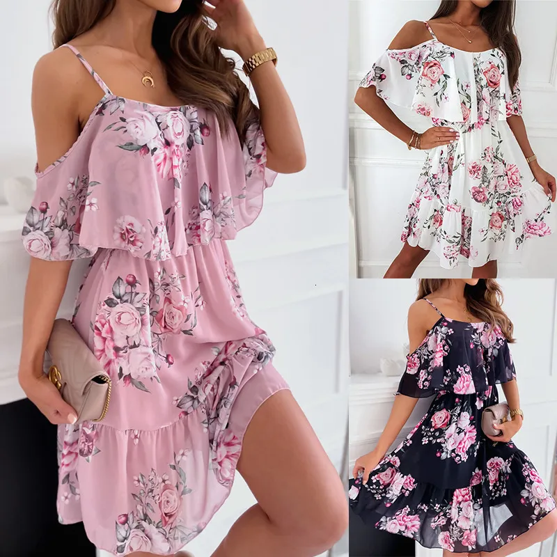 Basic Casual Dresses Women Floral Print Dress Summer Sexy Off Shoulder Ruffle Short Sleeve Dress Vestidos Elegant Casual Spaghetti Strap Dresses 230531