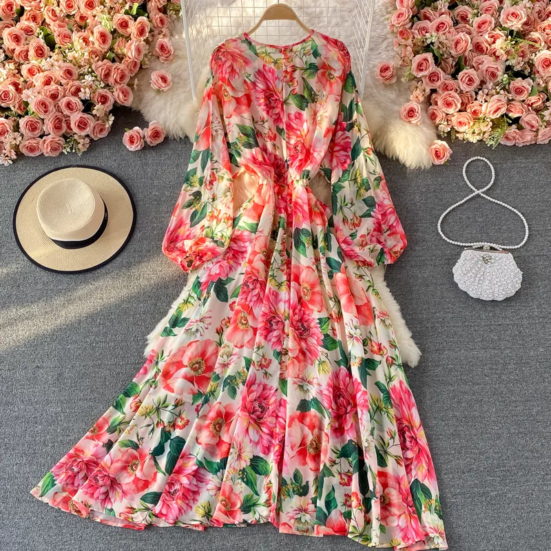 Bohemian Chiffon Maxi floral Print dress with Bat Sleeves and Rose Print for Spring/Summer Vacation - Banulin Runway Women's Elegant Casual floral Bohemian Chiffon Maxi floral Print dress with Bat Sleeves and Rose Print for Spring/Summer Vacation - Banulin Runway Women's Elegant Casual floral