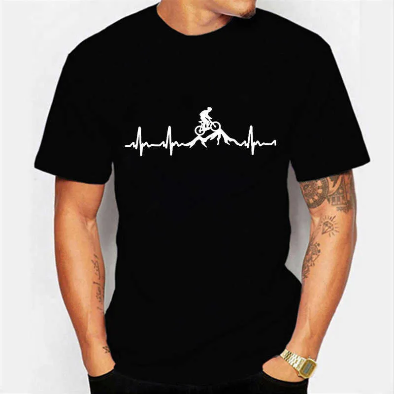 티셔츠 산악 자전거 심장 박동 남성 캐주얼 인쇄 2021 여름 짧은 슬리브 블랙 티셔츠 p230601