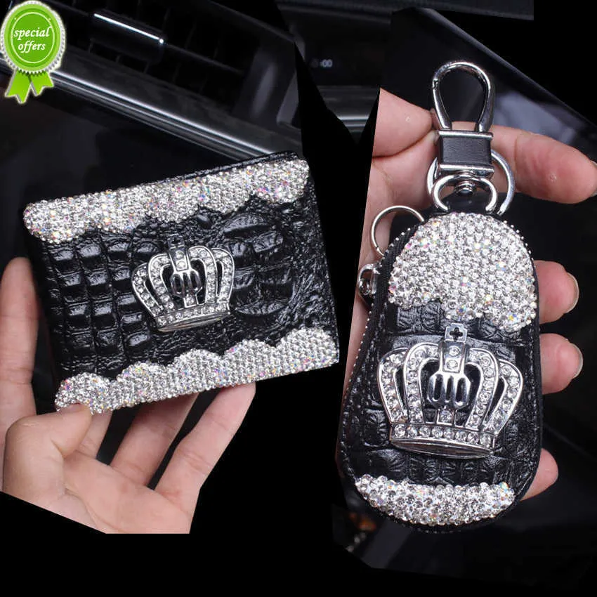 Nieuwe Universele Lederen Autosleutel Case Crystal Rhinestone Crown Rijbewijs Cover Houder Autosleutel Tas Portefeuilles Sleutelhanger Accessoires