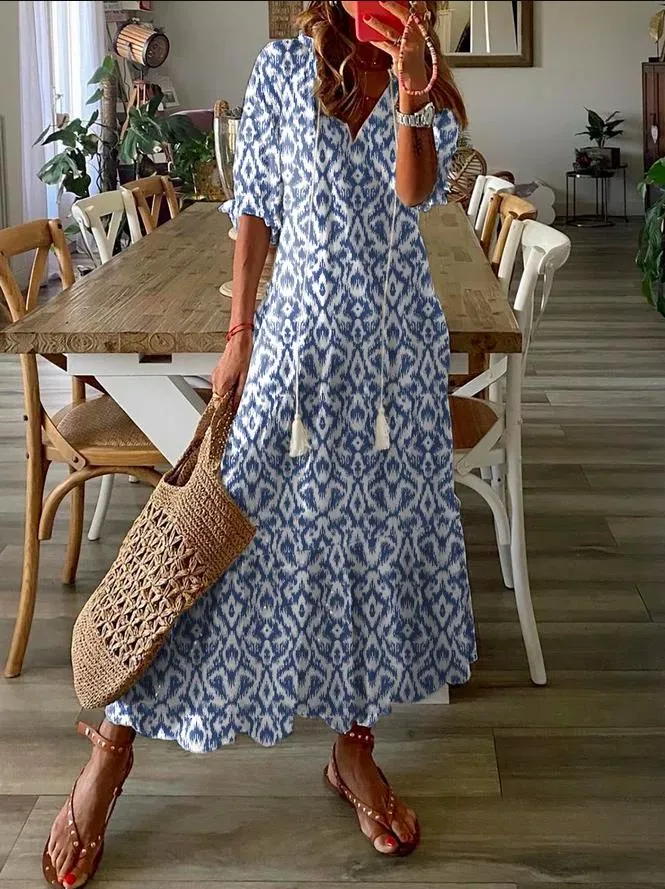 Save Big on Bulk Floral Print Shift Dresses Elegant Women's Shift Maxi  Dress: Half Sleeve Floral Print V Neck Casual Geometric Dress Lightweight  For