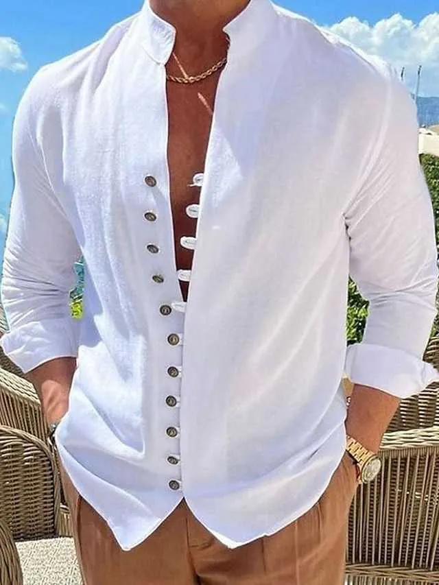 Homme Chemise Chemise en Lin Chemise Boutonnée Chemise Simple Eté Chemise Noir Blanche Rose Manches Longues Couleur Unie Col Mao Eté Printemps Automne Quotidien Vacances Vêtement Tenue