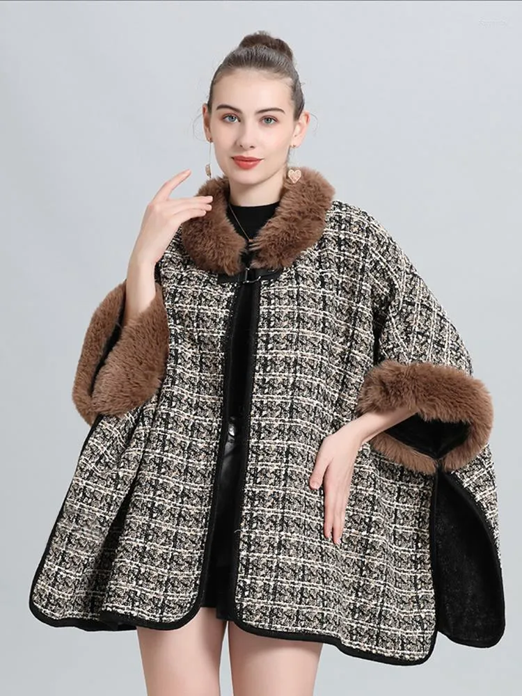 Scarves Luxury Fashion Knitted Elegant Women Winter Ladies Plaid Faux Fur Collar Cardigan Poncho Loose Coat Capa Para Chales Mujer Shawl