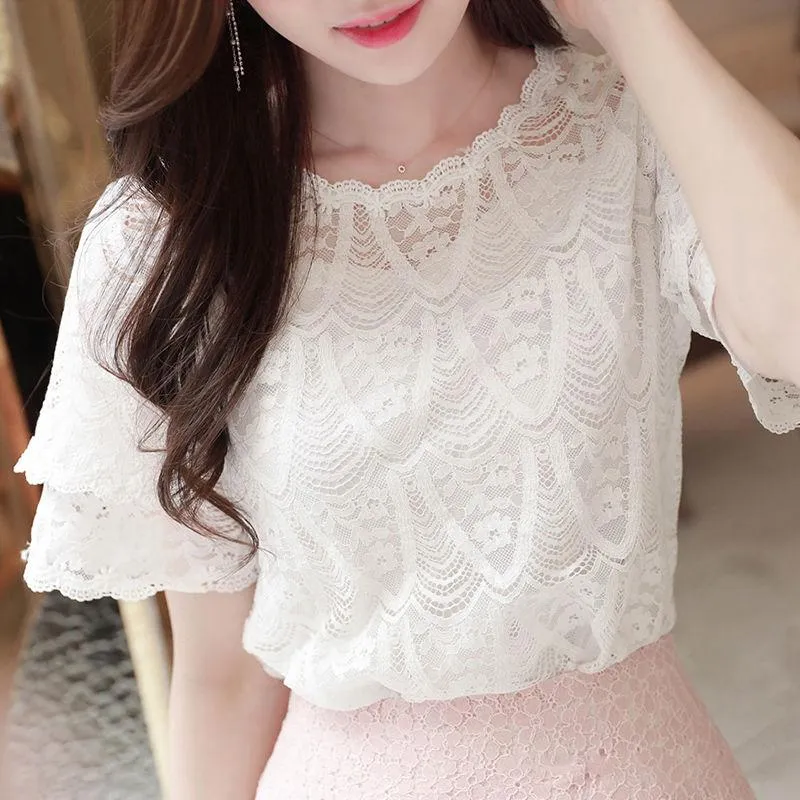 Pants Chiffon Summer 2021 New Korean Flowers Short Sleeve Women Tops Embroidery Lace Blouses Shirt Petal Round Neck Blusas Mujer