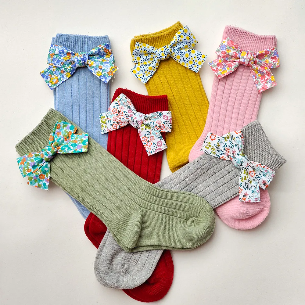 Kids Socks 04Years Toddlers Girls Cotton Flower Bows Knee High Soft Infant Baby Long Stripped Children Princess Style 230601