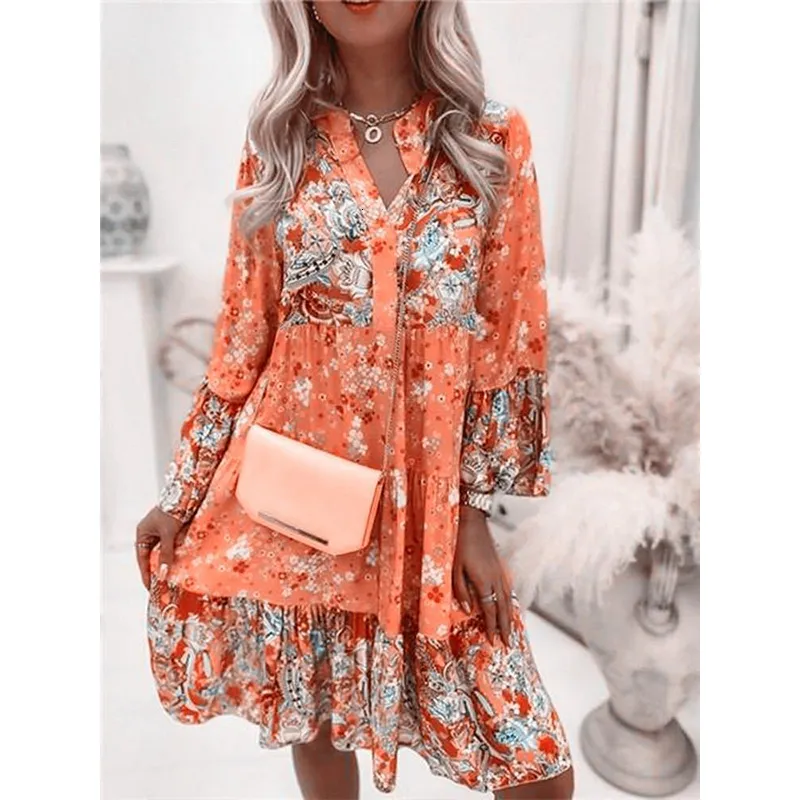Floral Print V Neck Dress - Women's Long Sleeve Bohemian Beach Dress,  Oversized Elegant Pleated Casual Holiday Dresses from Dhgate Basic & Casual  Dresses