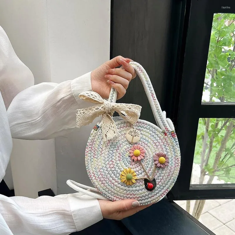Round Floral Woven Summer Shoulder Bag Handcrafted Circular Messenger Bag