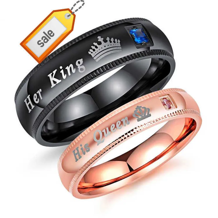 Online Shopping Canada Her King His Queen Couple Ring Gold And Black Wedding Band Titanium Ring