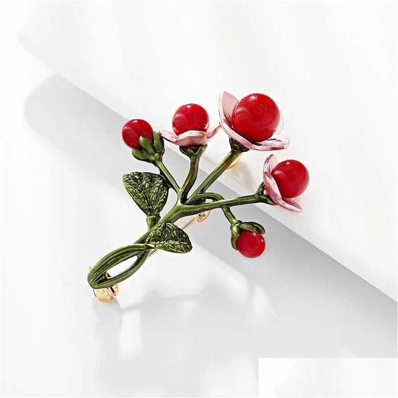 Pins Brooches Trendy Pine Shape Red Flower Brooch For Women Green Leaf Cherry Suit Lapel Pin Clothing Scarf Drop Delivery Jewelry Dhapr