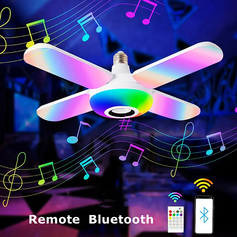 Lâmpada de música de discoteca LED, alto-falante de soquete de parafuso E26/E27 50 W Luz de quatro lâminas com controle remoto Bluetooth RGB para festa/DJ/KTV deformável dobrável